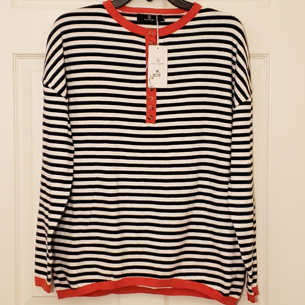 LILLUSORY Striped Sweater with Orange Trim | Women's M